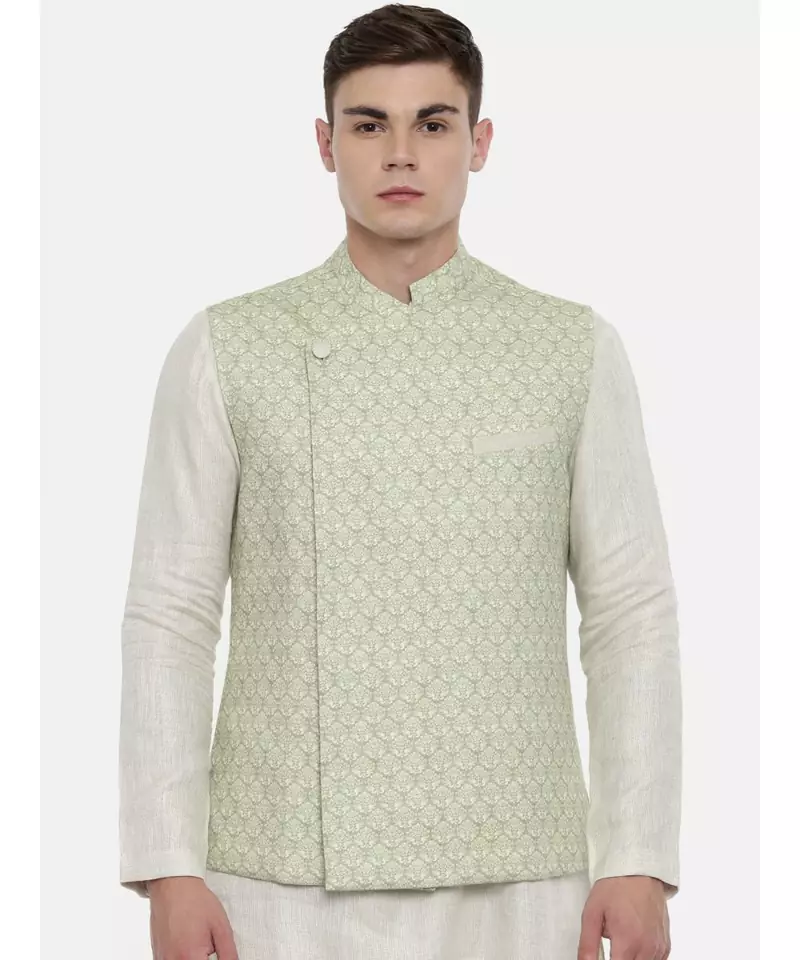 Mayank Modi Linen Green Printed Nehru Jacket