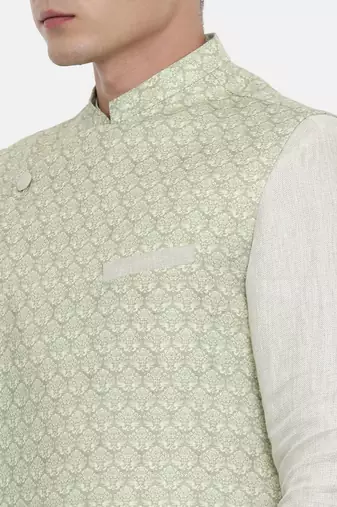 Mayank Modi Linen Green Printed Nehru Jacket