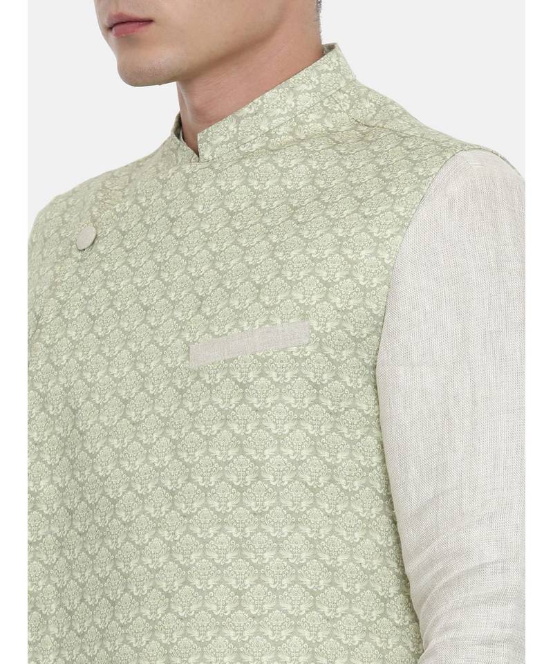 Mayank Modi Linen Green Printed Nehru Jacket