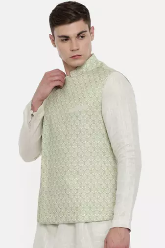Mayank Modi Linen Green Printed Nehru Jacket