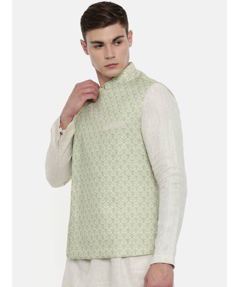 Mayank Modi Linen Green Printed Nehru Jacket
