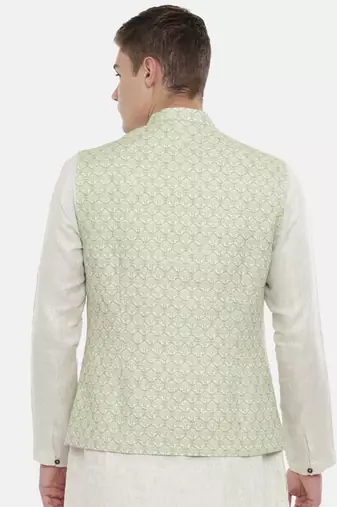 Mayank Modi Linen Green Printed Nehru Jacket