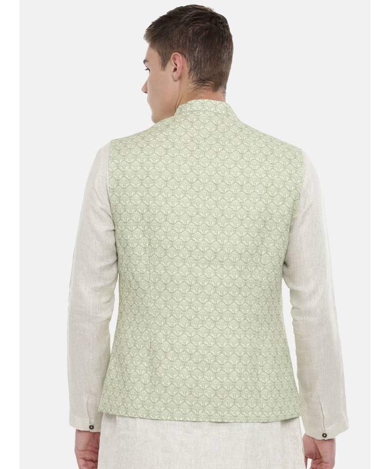 Mayank Modi Linen Green Printed Nehru Jacket