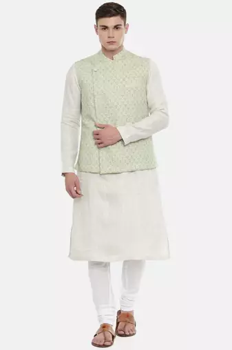 Mayank Modi Linen Green Printed Nehru Jacket