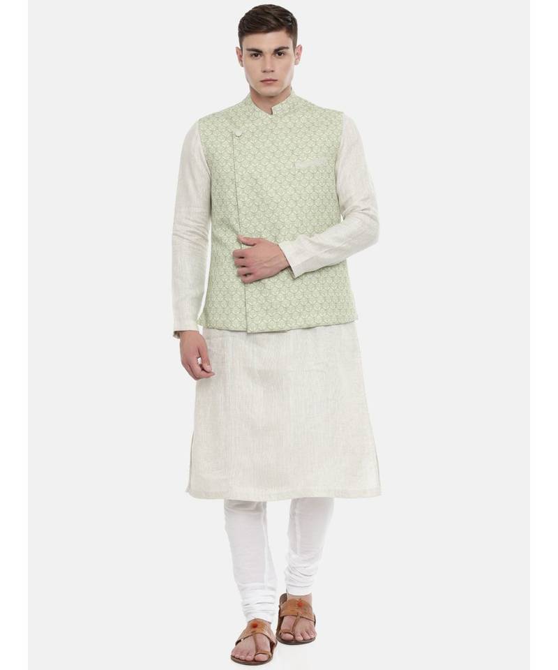 Mayank Modi Linen Green Printed Nehru Jacket