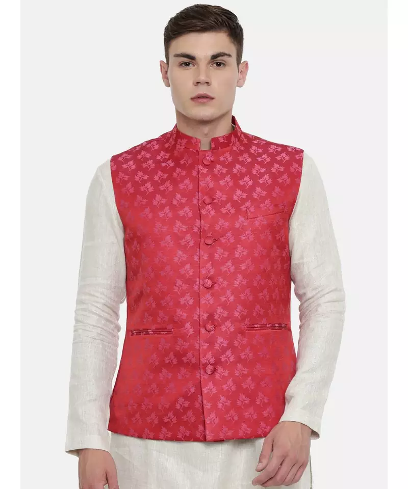 Mayank Modi Silk Jaquard Red Pink Jacket