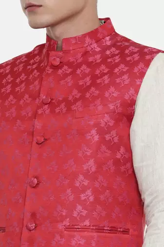 Mayank Modi Silk Jaquard Red Pink Jacket