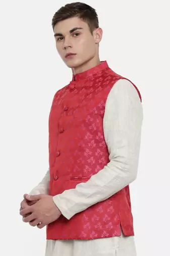Mayank Modi Silk Jaquard Red Pink Jacket