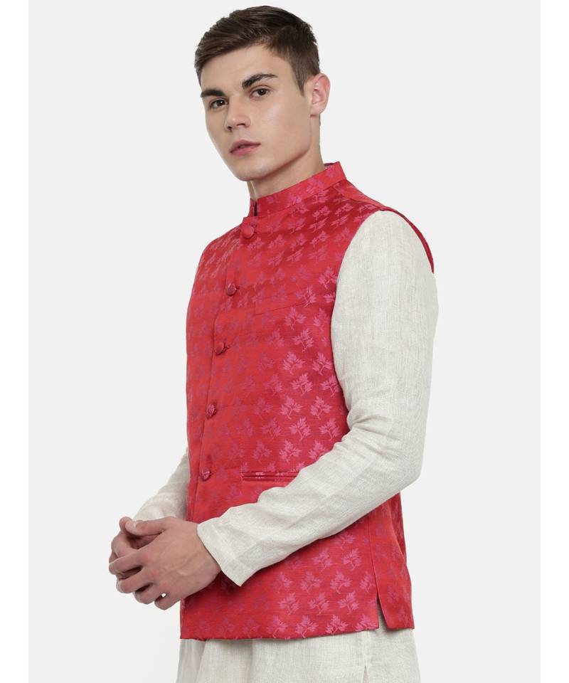 Mayank Modi Silk Jaquard Red Pink Jacket