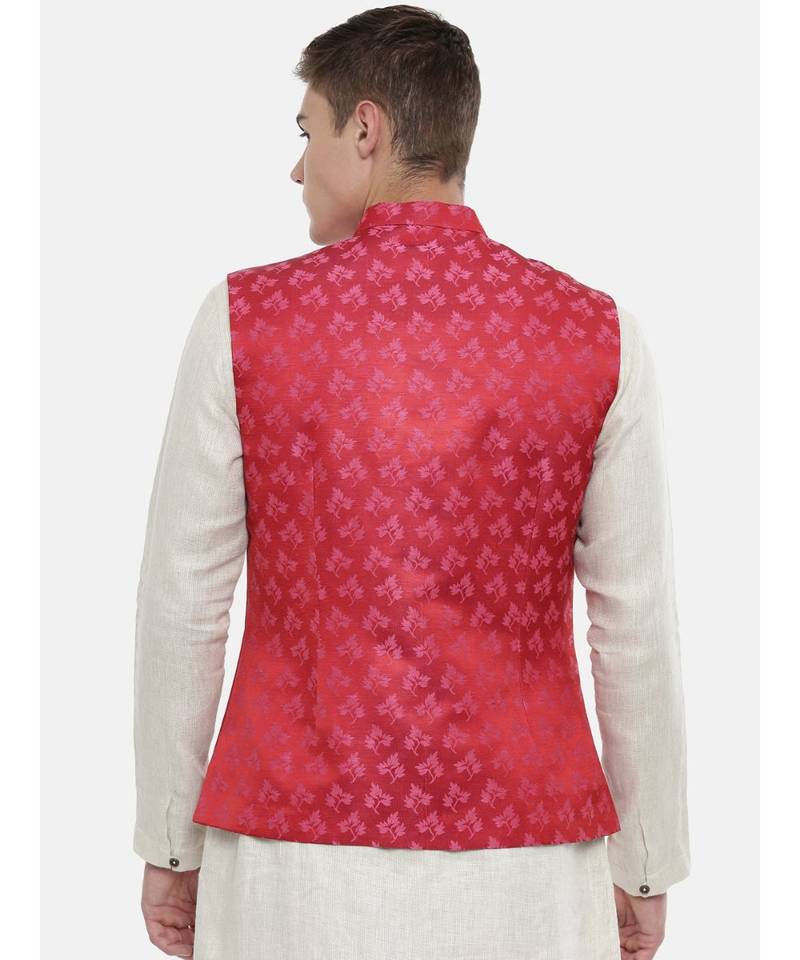 Mayank Modi Silk Jaquard Red Pink Jacket