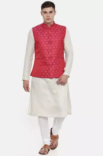 Mayank Modi Silk Jaquard Red Pink Jacket