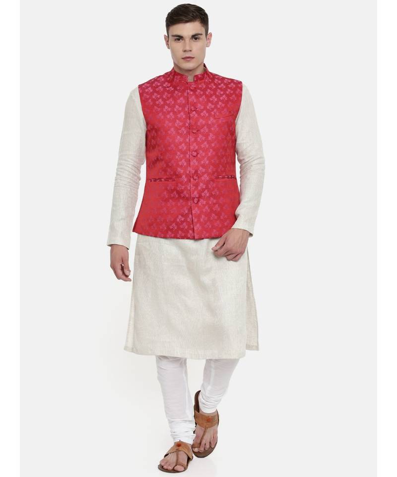 Mayank Modi Silk Jaquard Red Pink Jacket