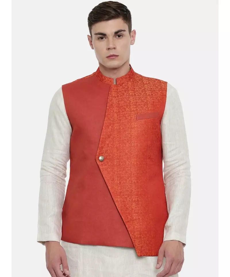 Mayank Modi Classic Cut Linen Silk Orange Jacket