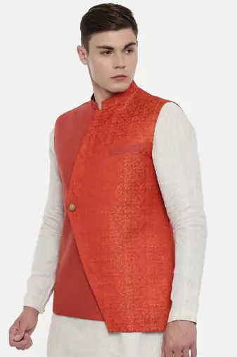 Mayank Modi Classic Cut Linen Silk Orange Jacket