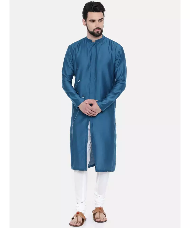 Mayank Modi Blue Cotton Satin Hand Embroidery Kurta
