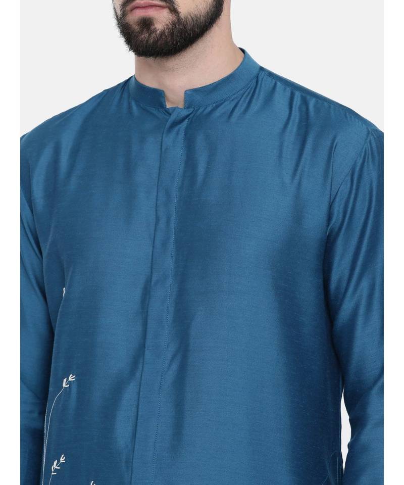 Mayank Modi Blue Cotton Satin Hand Embroidery Kurta
