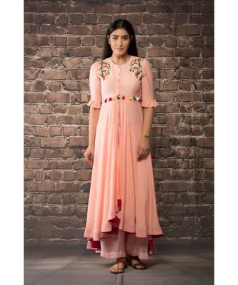 sulochana jangir old rose pink linen silk dress  with BEAD HNAD  embroidery paired with matching  pants . 1
