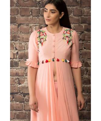 sulochana jangir old rose pink linen silk dress  with BEAD HNAD  embroidery paired with matching  pants . 3