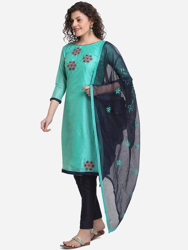 Sky Blue & Navy Blue Unstitched Women's Dress Material Mf Next Com