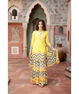 Yellow Printed Kurta With Printed Sharara And Dupatta 1