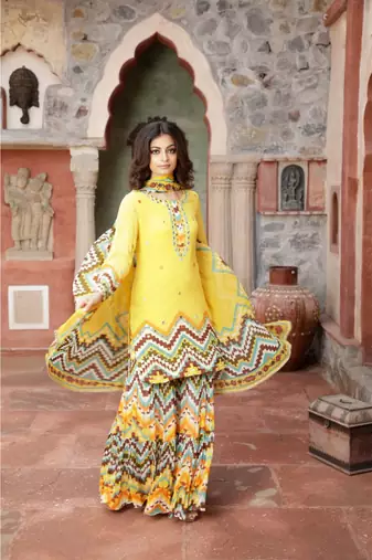 Yellow Printed Kurta With Printed Sharara And Dupatta