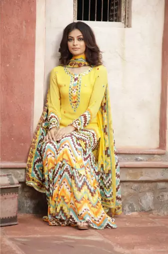 Yellow Printed Kurta With Printed Sharara And Dupatta