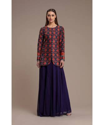 Blue Printed Jacket With Sharara Style 1