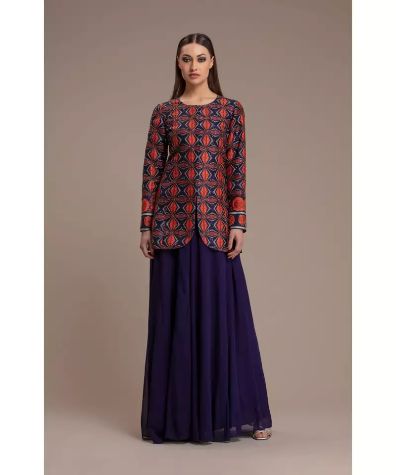 Charu Parashar Blue printed jacket with sharara style