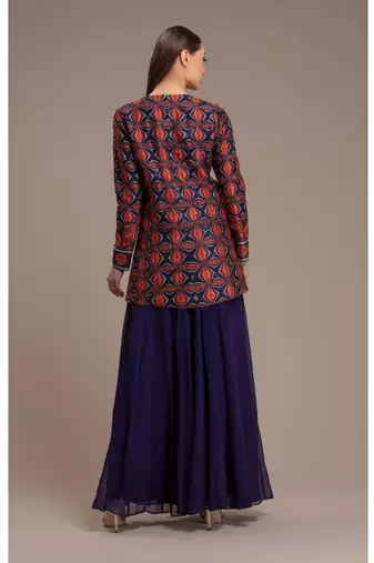 Blue Printed Jacket With Sharara Style