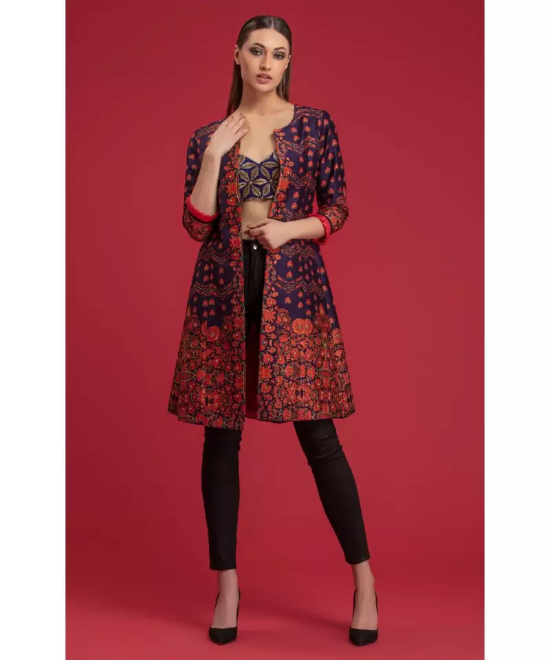 Charu Parashar Navy blue printed jacket with blouse