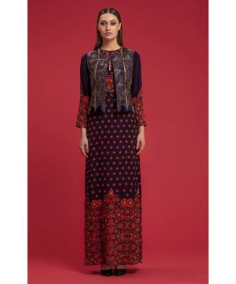 Navy Hand Embellished Jacket With Printed Dress 1