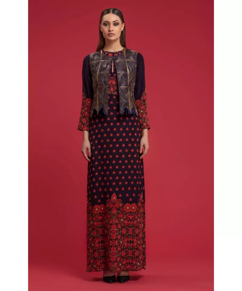 Charu Parashar Navy hand embellished jacket with printed dress