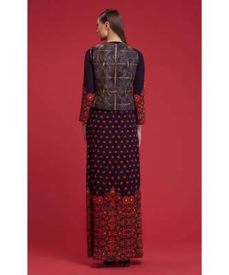 Navy Hand Embellished Jacket With Printed Dress 2