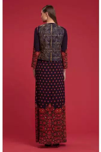 Navy Hand Embellished Jacket With Printed Dress