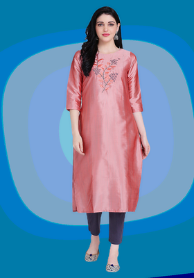 Pink embroidered silk heavy-work-kurtis 1