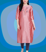 Pink embroidered silk heavy-work-kurtis
