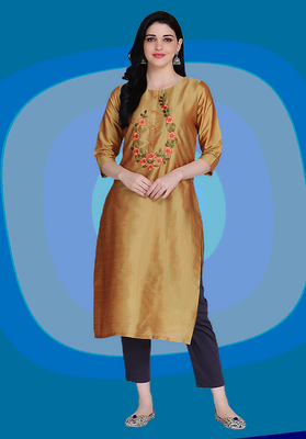 Yellow embroidered silk heavy-work-kurtis 1