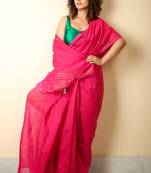 Pink woven blended cotton saree with blouse