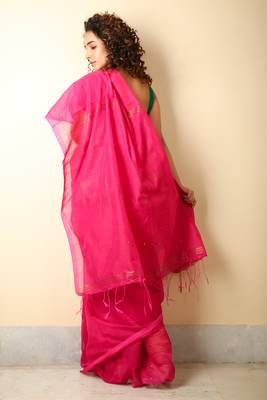 Pink woven blended cotton saree with blouse 2
