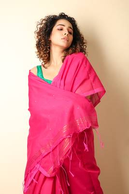 Pink woven blended cotton saree with blouse 3