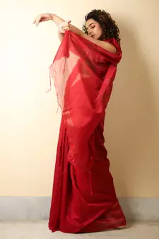 Red woven blended cotton saree with blouse