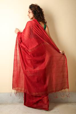 Red woven blended cotton saree with blouse 3