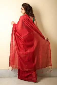 Red woven blended cotton saree with blouse