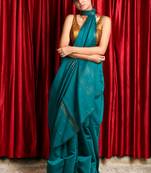 Teal woven blended cotton saree with blouse