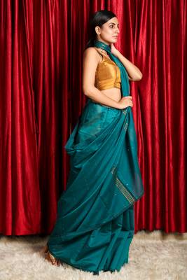 Teal woven blended cotton saree with blouse 2