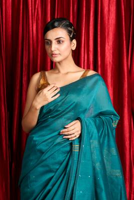 Teal woven blended cotton saree with blouse 4