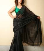 Black woven blended cotton saree with blouse