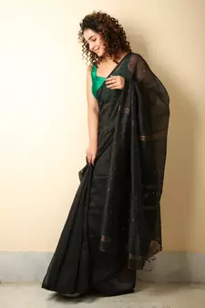 Black woven blended cotton saree with blouse
