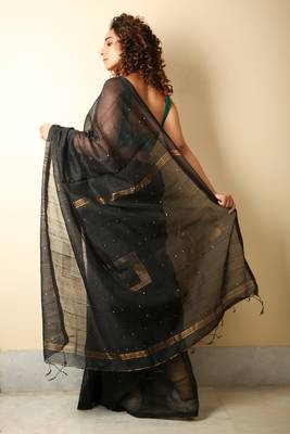 Black woven blended cotton saree with blouse 3