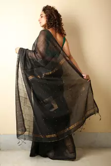 Black woven blended cotton saree with blouse